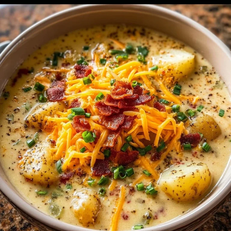Bowl of loaded potato soup topped with bacon, cheese, and green onions.