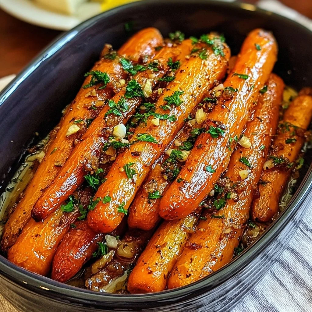 Plate of Maple Dijon Roasted Carrots topped with herbs and spices