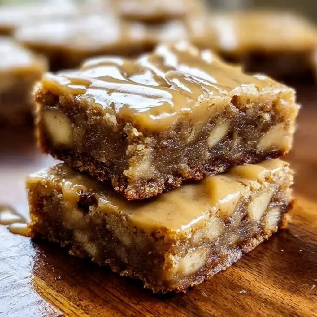 Maple glazed apple blondies topped with a rich maple glaze, perfect fall dessert.
