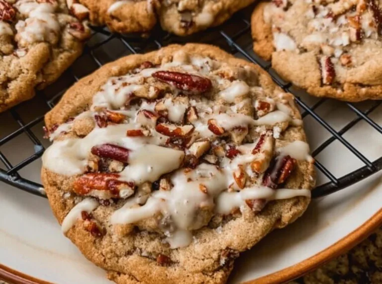 Freshly baked maple pecan cookies on a cooling rack