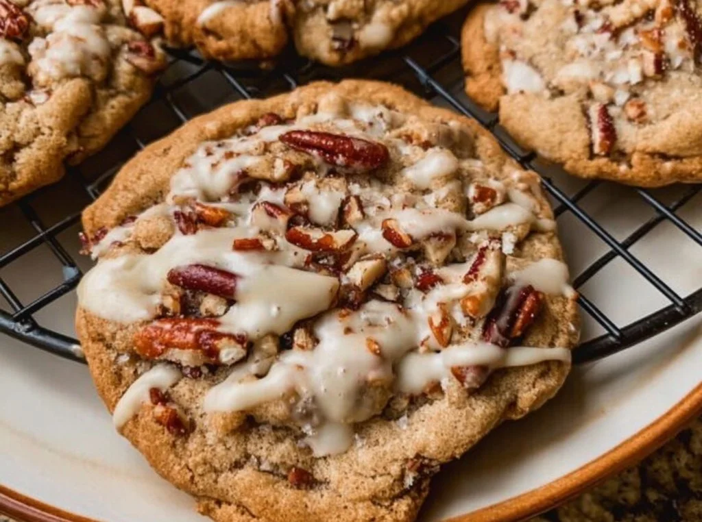 Freshly baked maple pecan cookies on a cooling rack