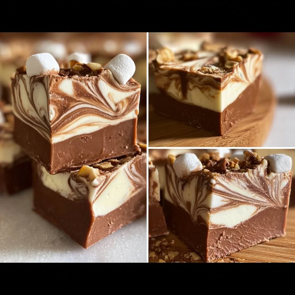 Delicious marshmallow swirl fudge with rich chocolate and marshmallow layers