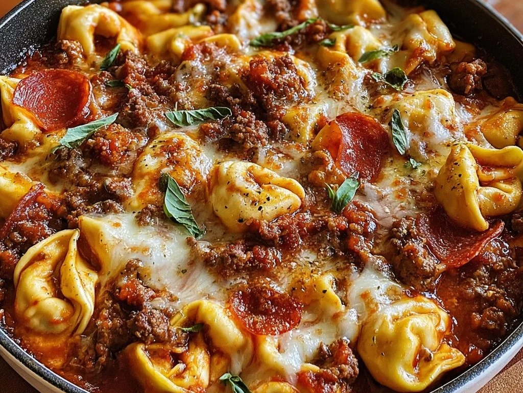 Delicious Meat Lovers Pizza Tortellini topped with various meats and cheese