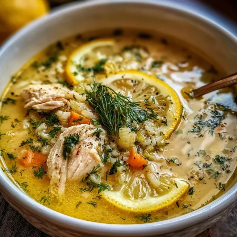 Bowl of Mediterranean lemon chicken soup with fresh herbs and lemon slices