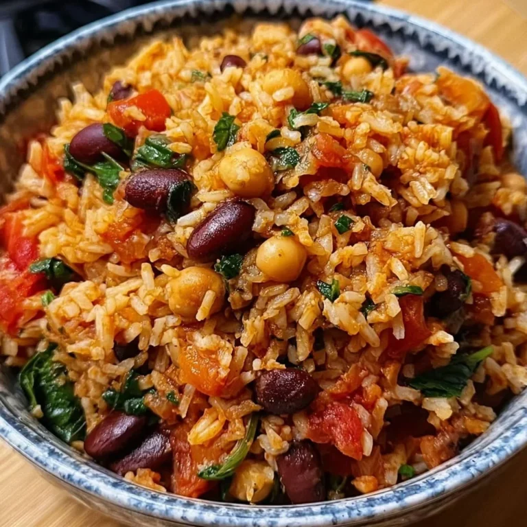 Bowl of Mediterranean Rice and Beans with herbs and vegetables