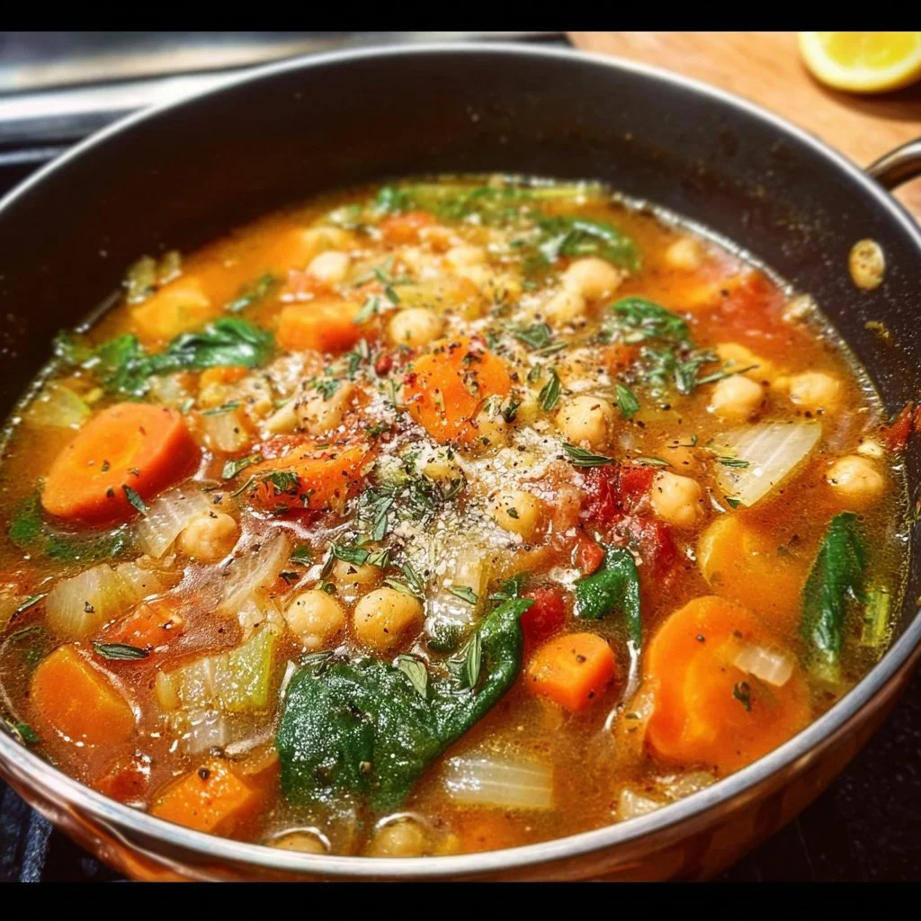 Bowl of Mediterranean soup filled with colorful vegetables and herbs