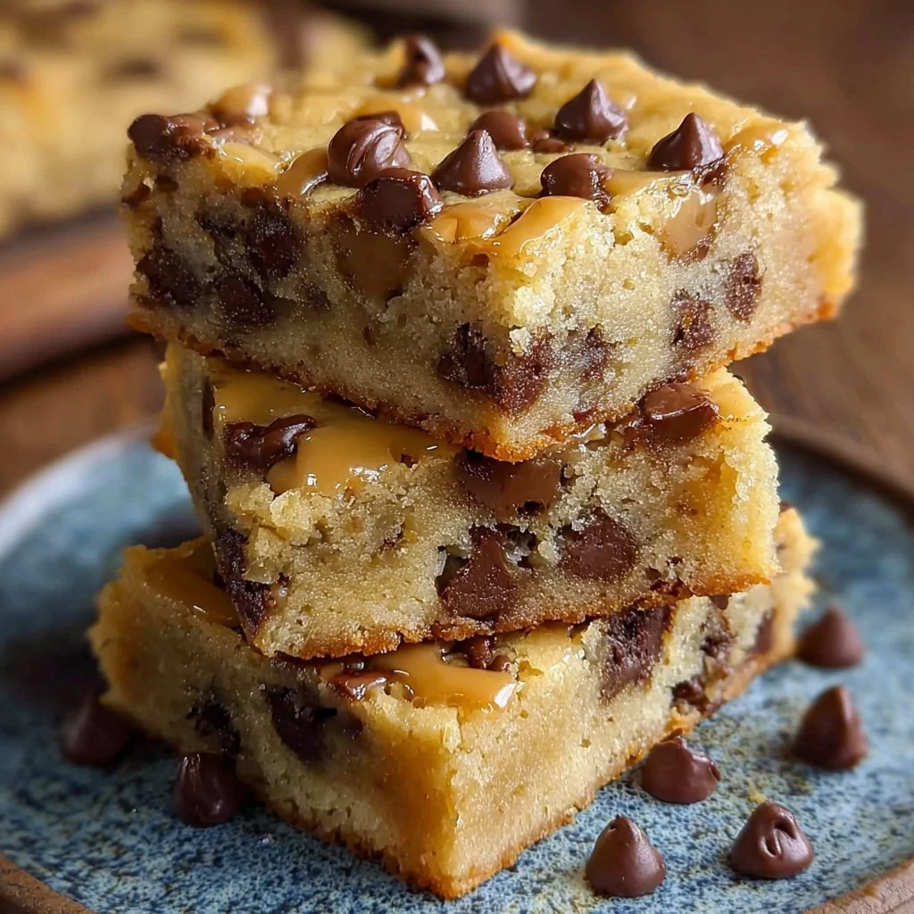 Deliciously gooey melt-in-your-mouth chocolate chip cookie bars on a plate.