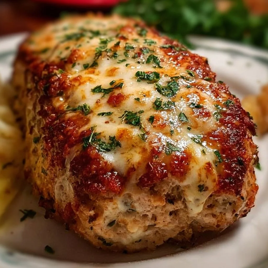 Delicious garlic parmesan chicken meatloaf served on a plate