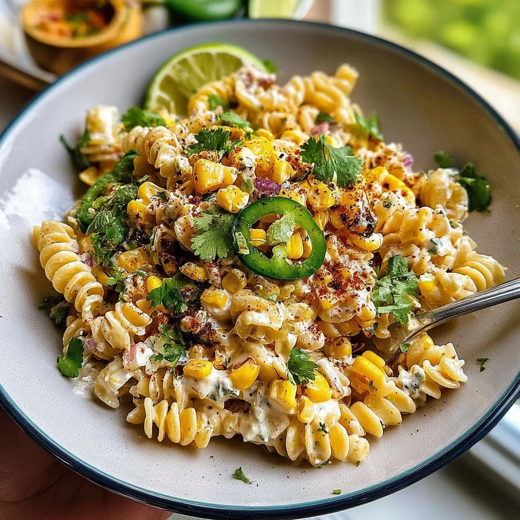 Bowl of Mexican Street Corn Pasta Salad garnished with cilantro and lime