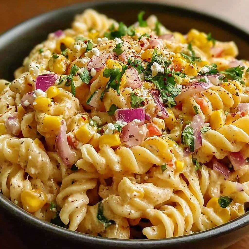 Delicious Mexican street corn pasta salad with vibrant ingredients and flavors.