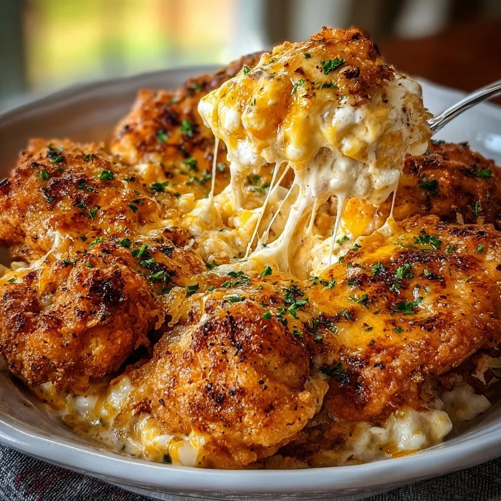 Delicious Million-Dollar Chicken dish garnished and plated for presentation