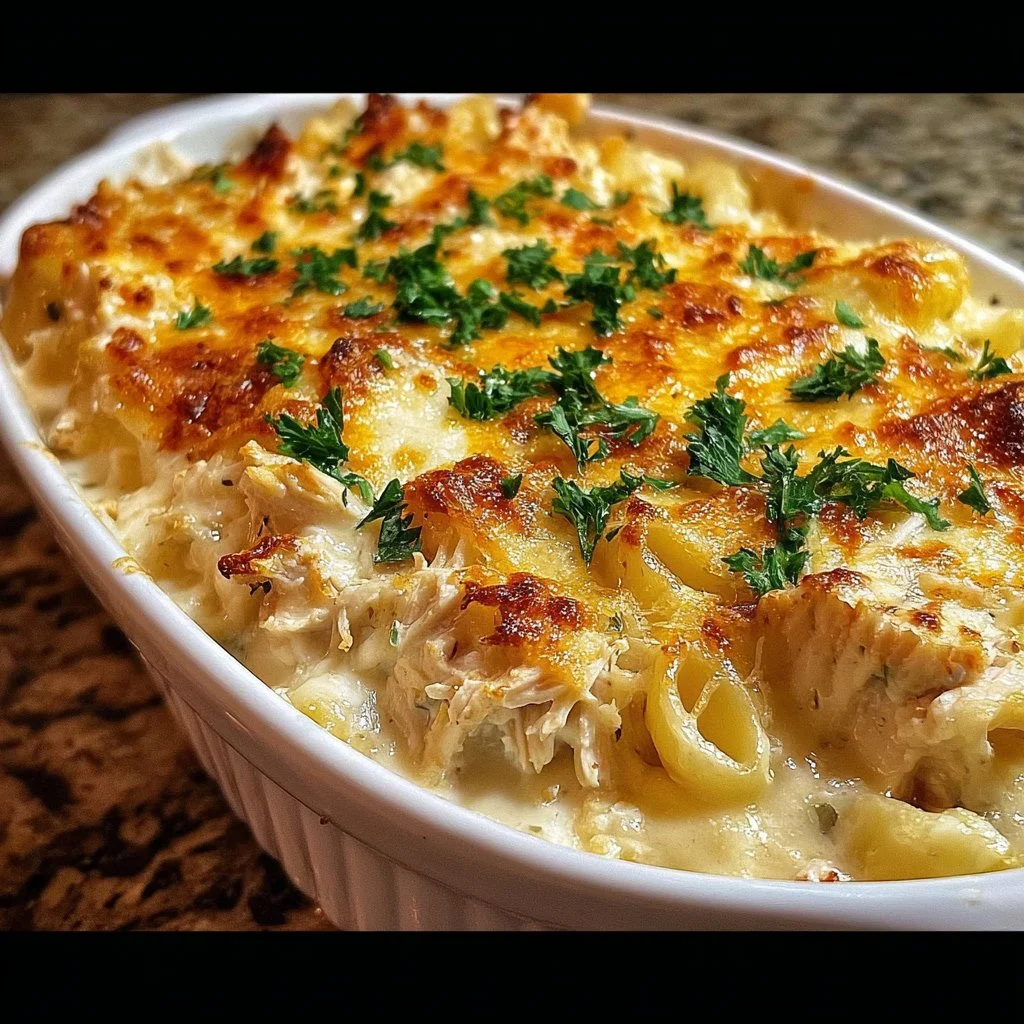 Delicious Million Dollar Chicken Casserole topped with cheese and herbs