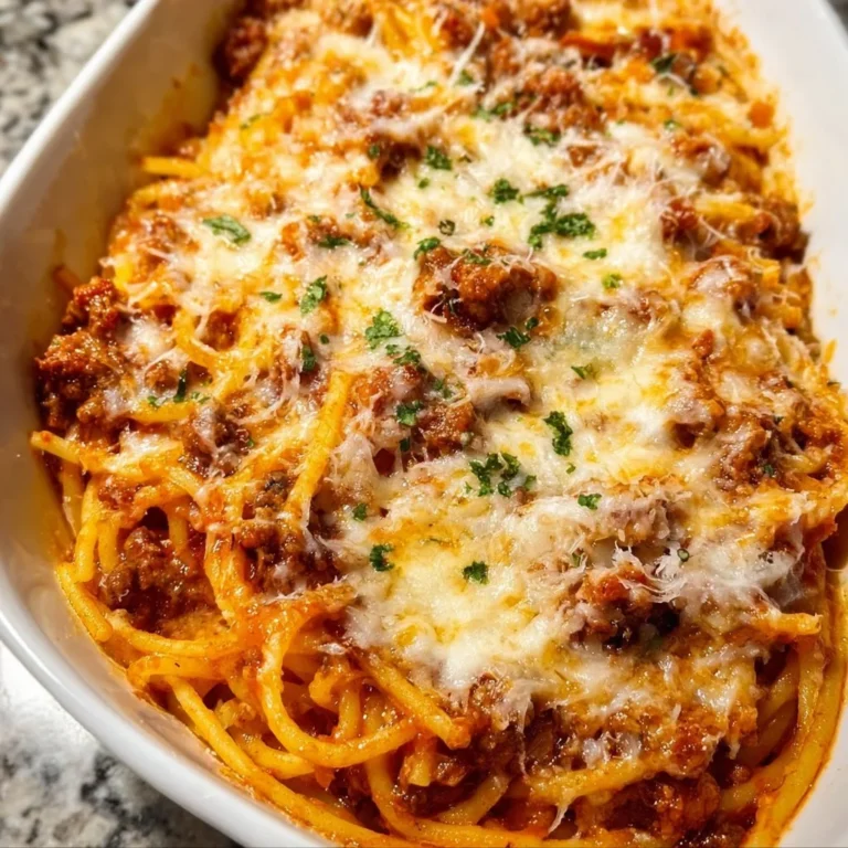 Plate of Million Dollar Spaghetti topped with cheese and herbs.