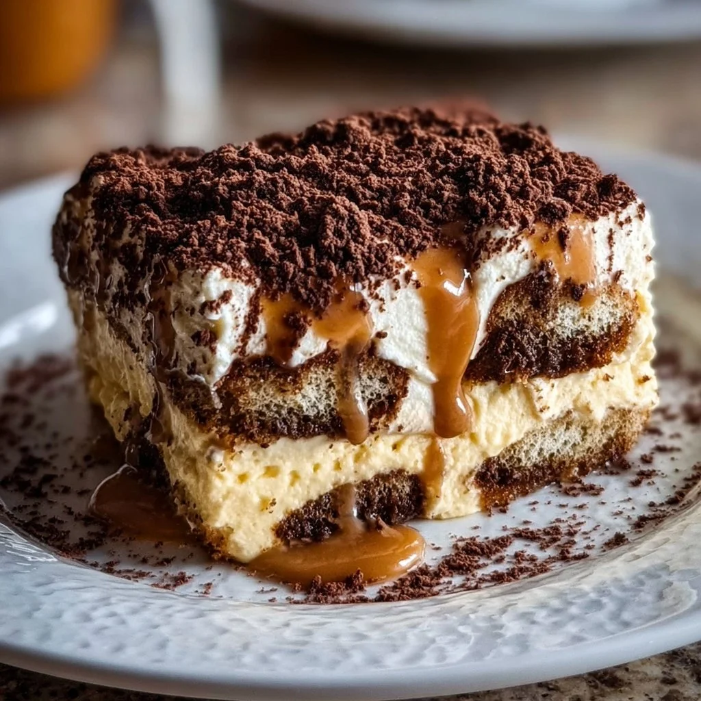Slice of Millionaire's Tiramisu dessert with rich layers and coffee flavor