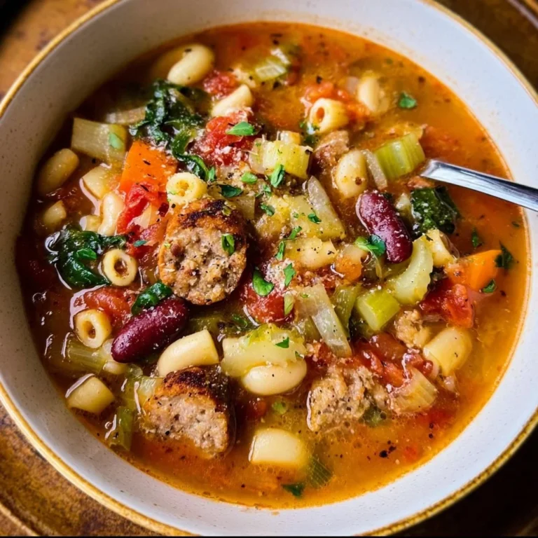 A bowl of minestrone soup filled with vegetables, beans, and pasta.