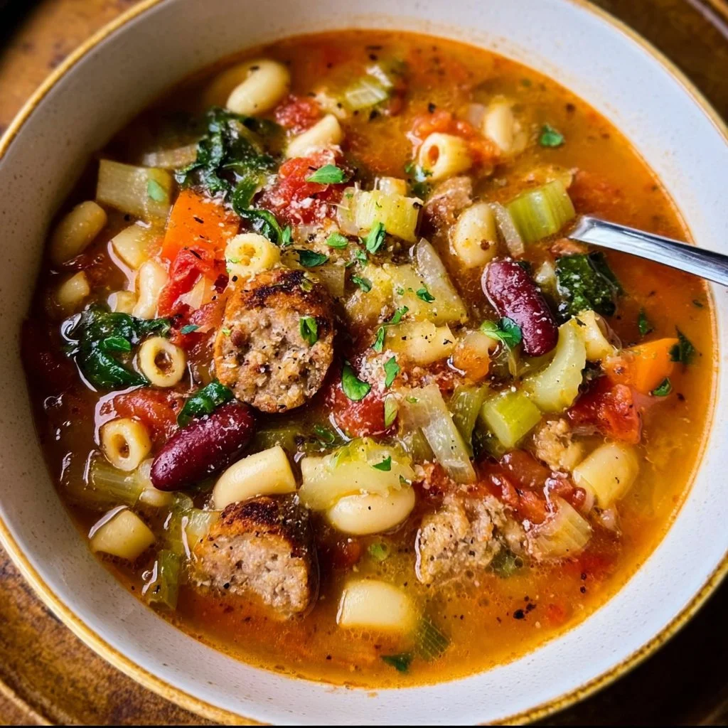 A bowl of minestrone soup filled with vegetables, beans, and pasta.