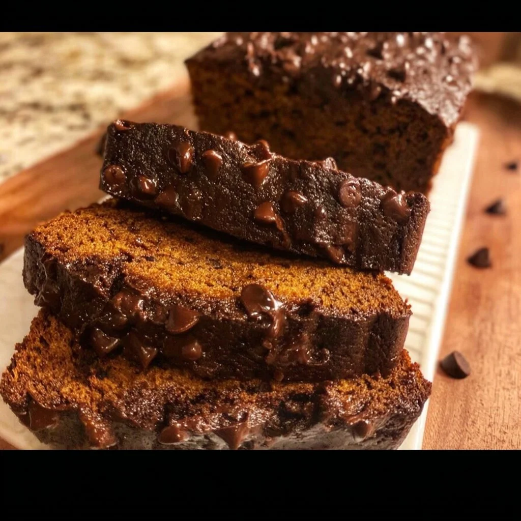 Moist chocolate pumpkin bread with chocolate chips and pumpkin spices