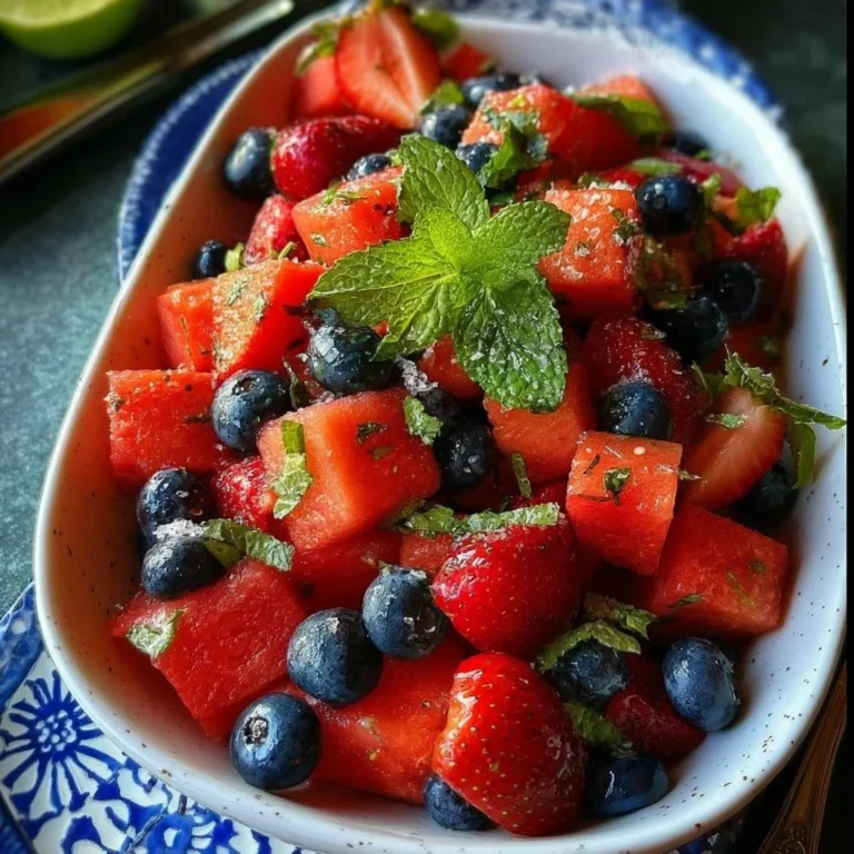Mojito Fruit Salad with watermelon, strawberries, and blueberries in a bowl