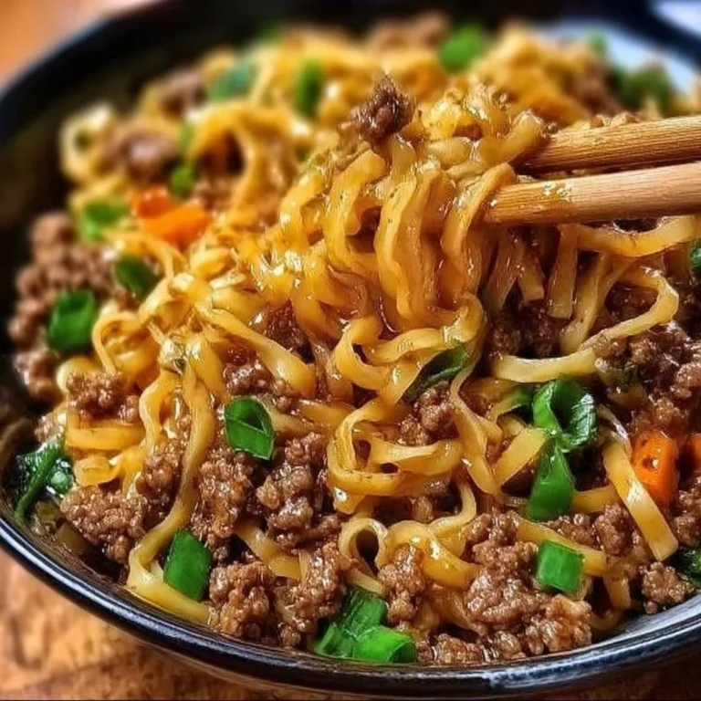 A delicious serving of Mongolian ground beef noodles with fresh vegetables
