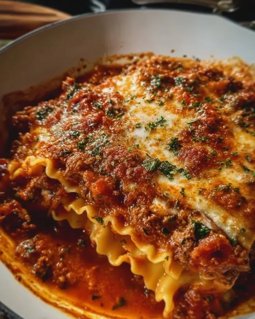 Bowl of mouthwatering one pot lasagna soup with herbs and cheese