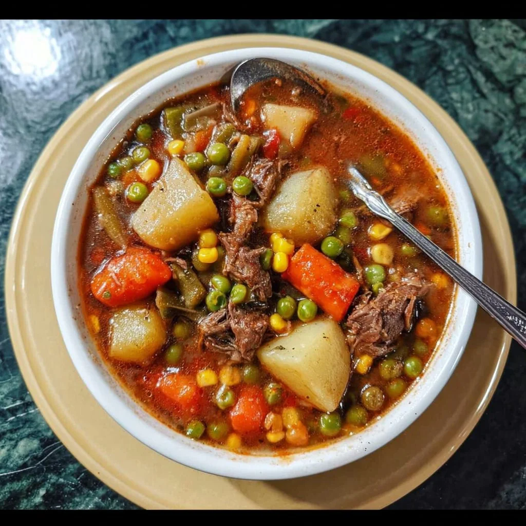 Bowl of my mom's old-fashioned vegetable beef soup with fresh vegetables and beef.