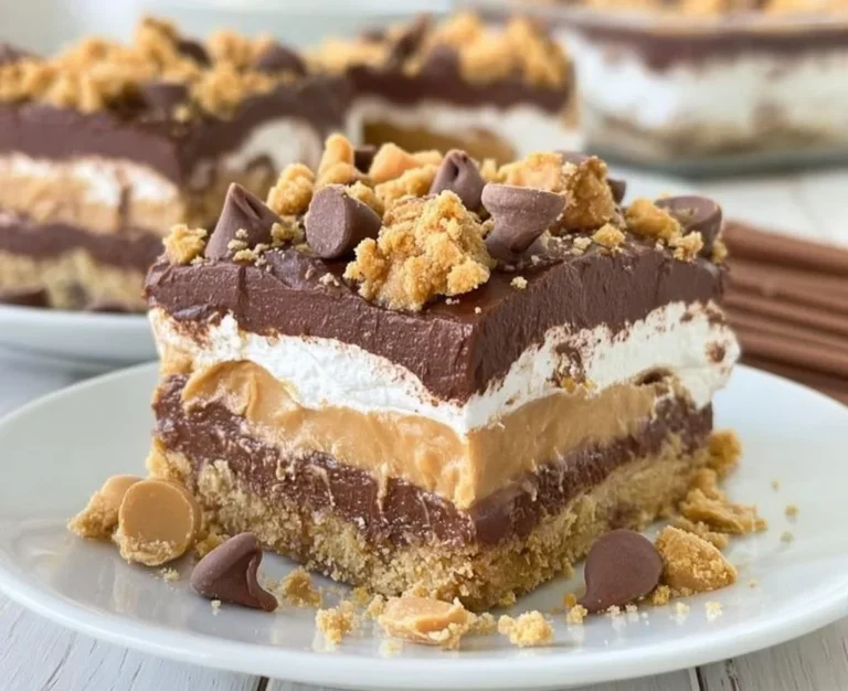 No bake chocolate peanut butter dream bars topped with chocolate drizzle