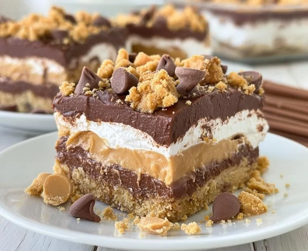 No bake chocolate peanut butter dream bars topped with chocolate drizzle