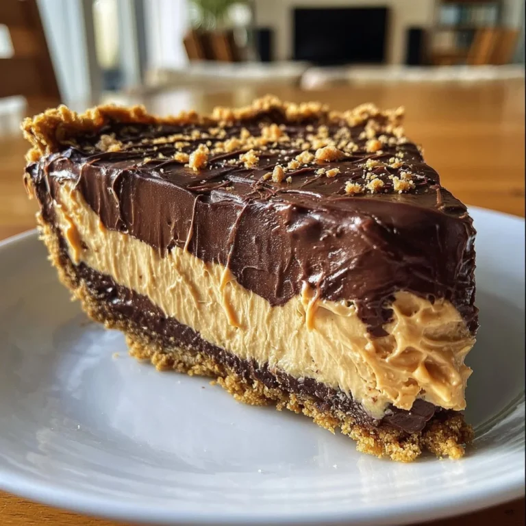 Delicious no-bake chocolate peanut butter pie with a creamy topping