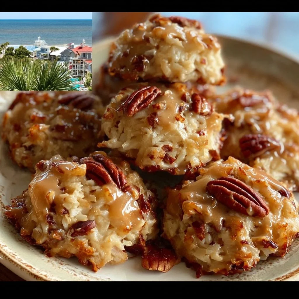 No-bake coconut pecan praline cookies arranged on a plate.
