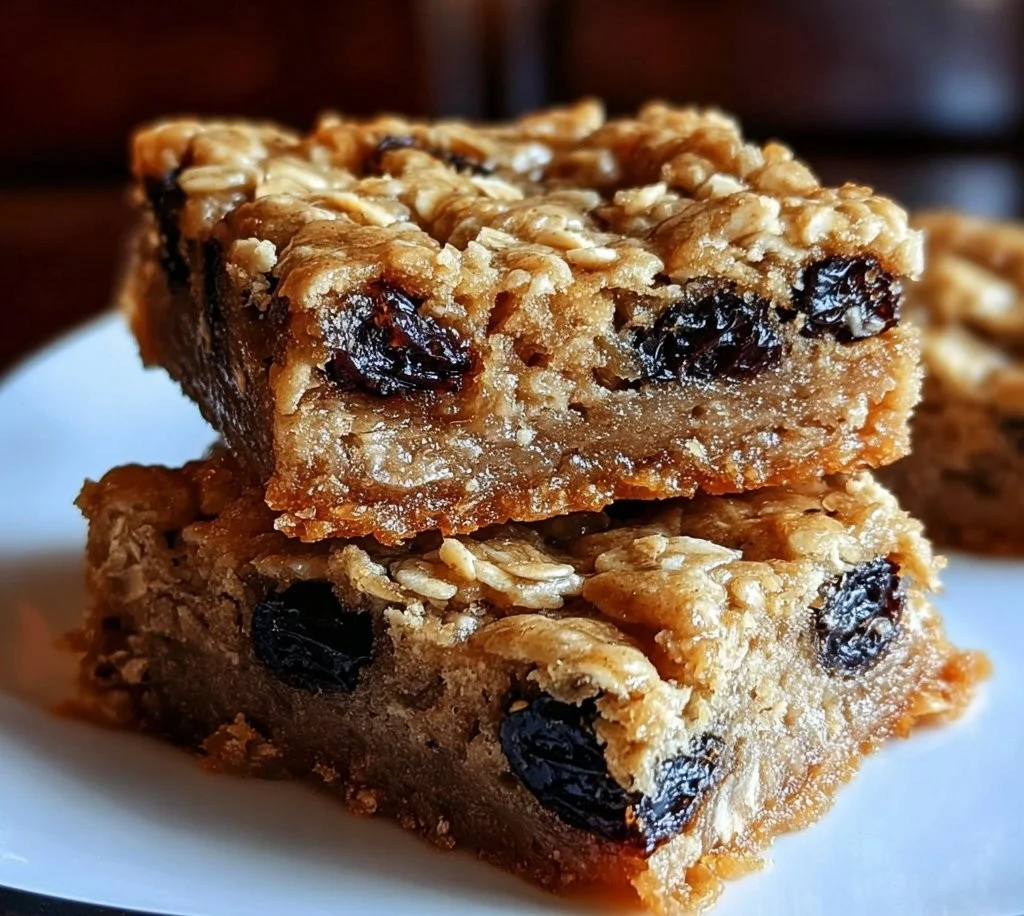 Freshly baked oatmeal raisin cookie bars on a serving platter