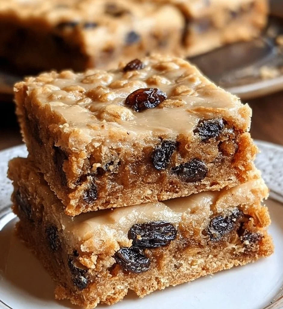 Delicious oatmeal raisin cookie bars on a wooden table