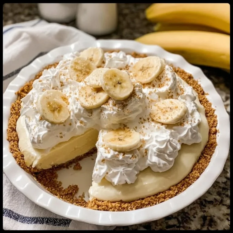 Delicious old fashioned banana cream pie with creamy filling and whipped topping