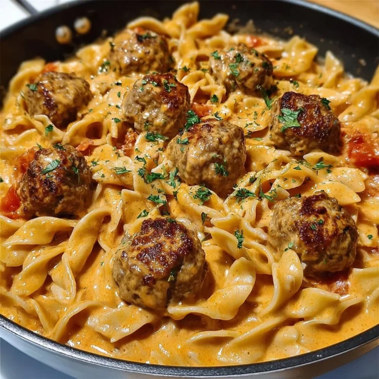 One-pot creamy Cajun meatball pasta dish with vibrant colors and rich sauce