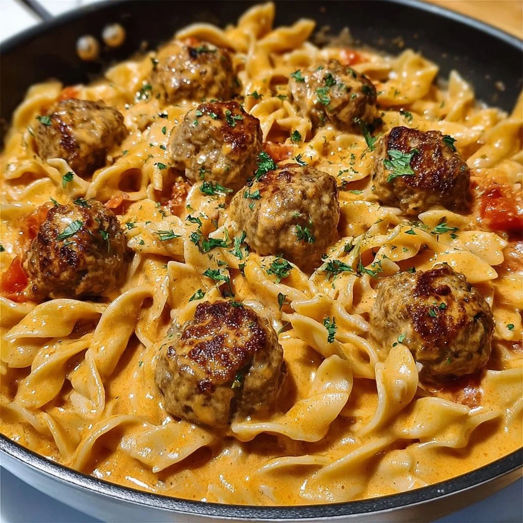 One-pot creamy Cajun meatball pasta dish with vibrant colors and rich sauce