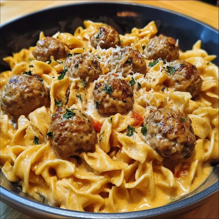 One-pot creamy Cajun meatball pasta served in a bowl with herbs and spices.