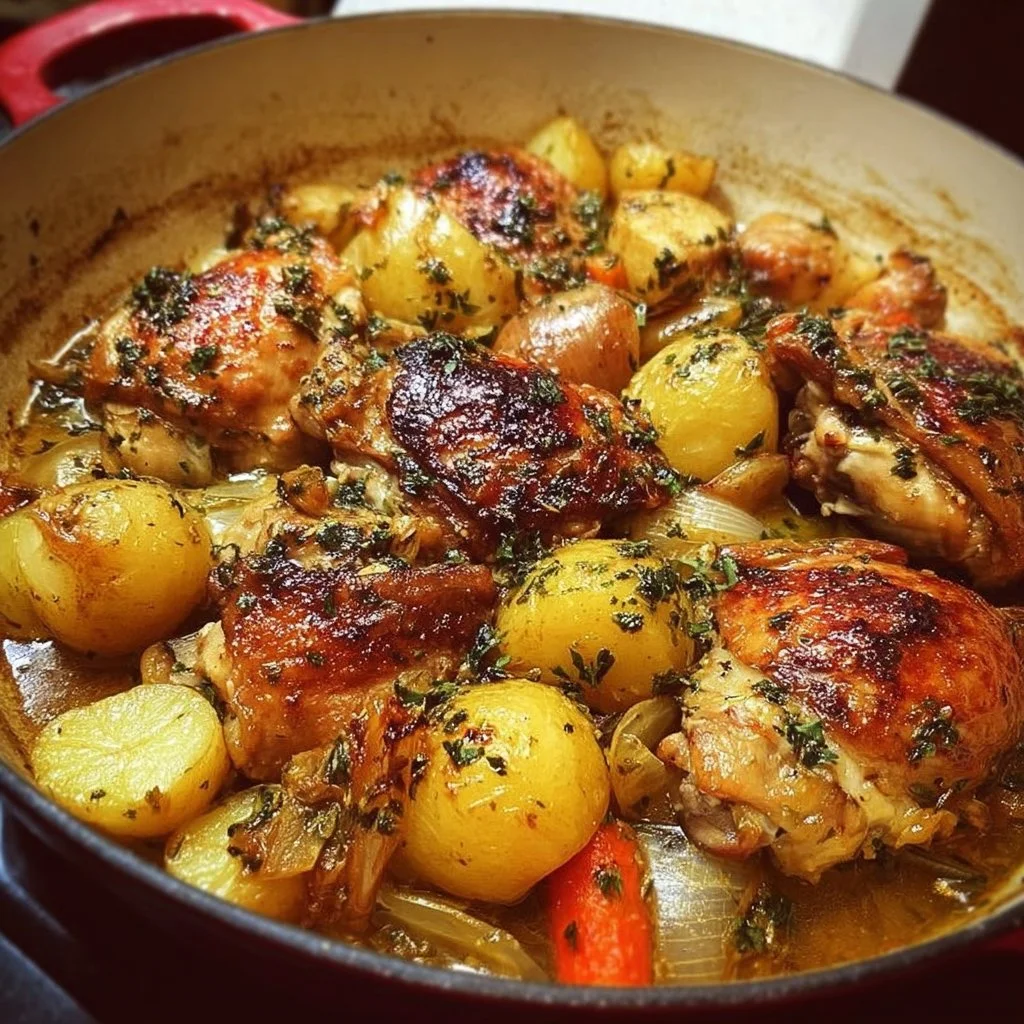 One pot Irish chicken cooked with vegetables and herbs for a hearty meal.