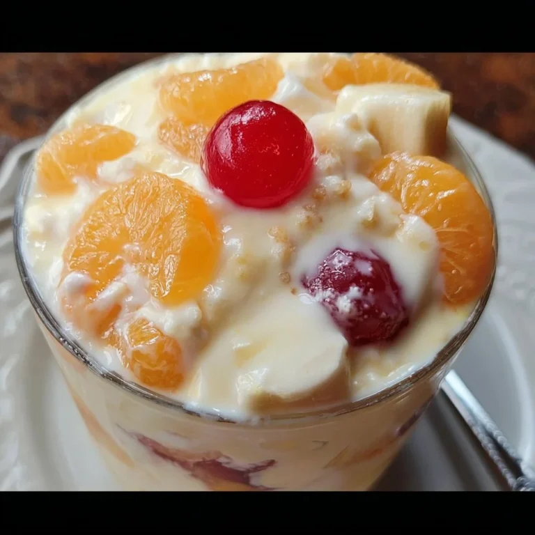 Colorful Orange Cream Fruit Salad with various fruits in a bowl