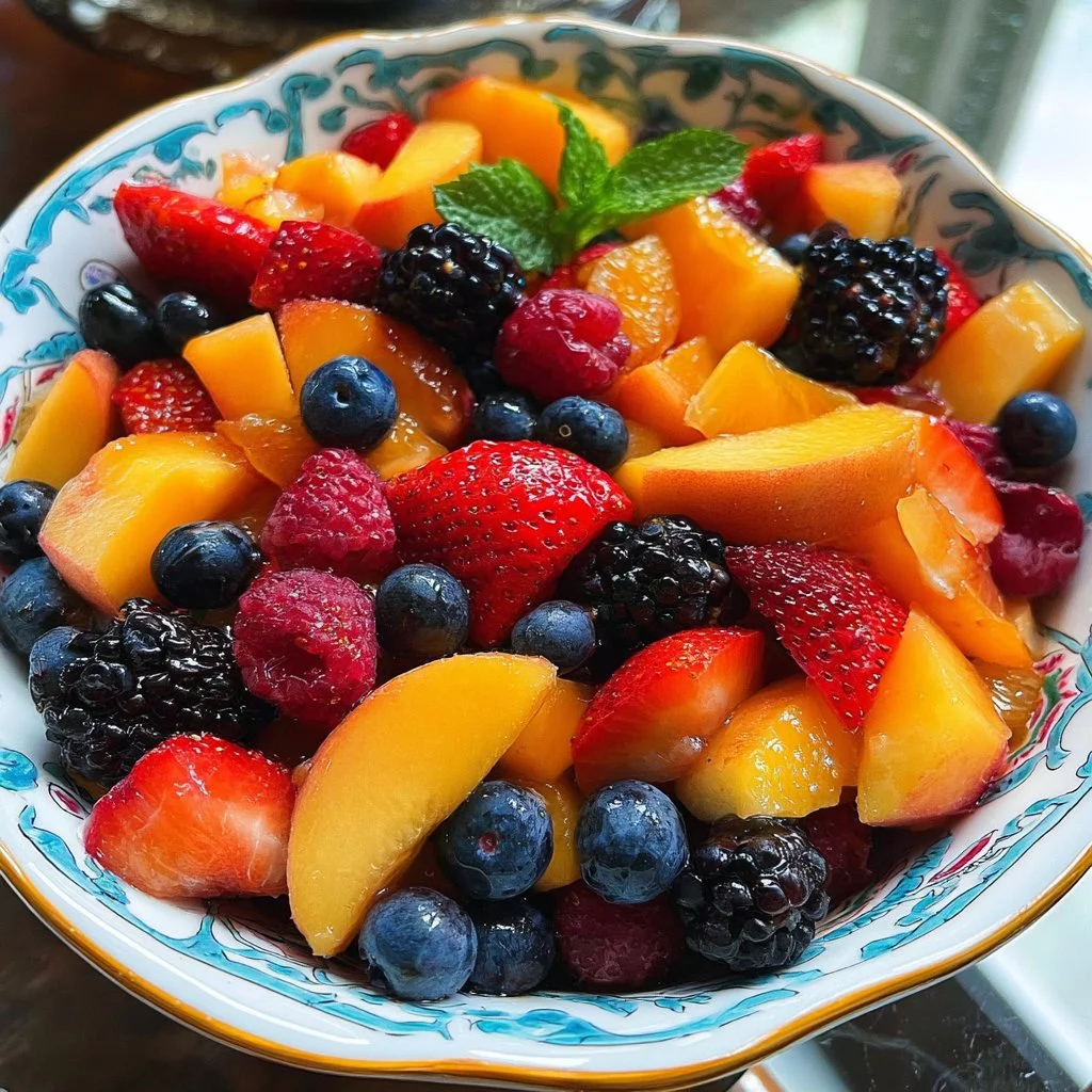 Peach Berry Fruit Salad with fresh peaches and berries in a bowl