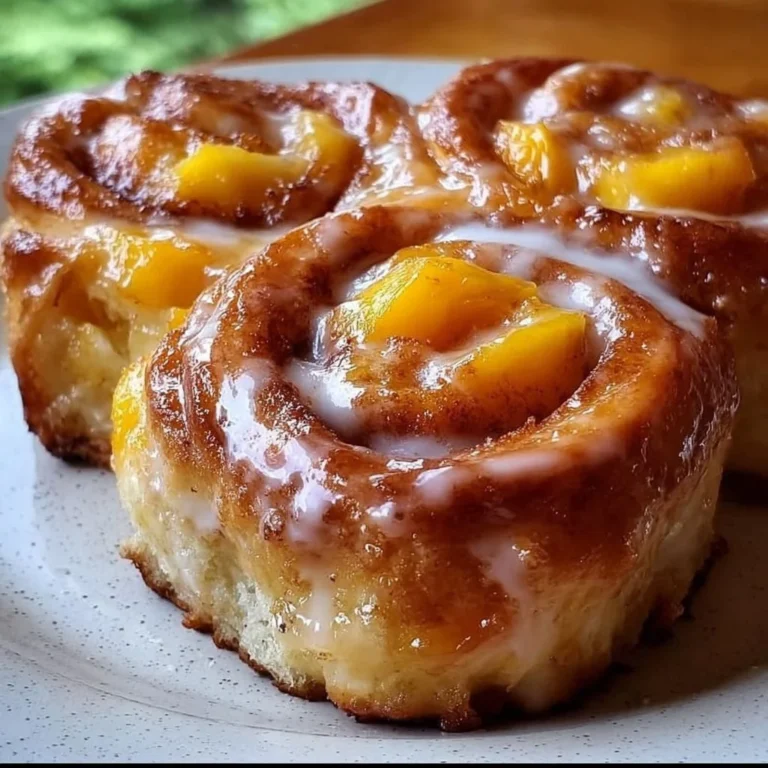 Peach Pie Cinnamon Rolls with a golden crust and peach filling