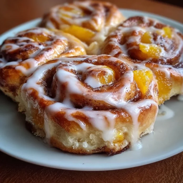 Delicious Peach Pie Cinnamon Rolls topped with cinnamon and fresh peaches