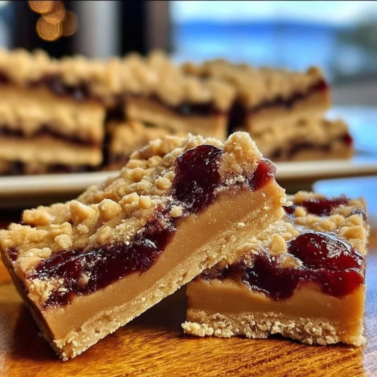 Homemade Peanut Butter and Jelly Bars on a wooden cutting board.