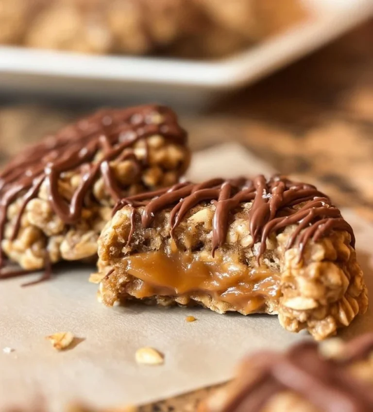 Delicious Peanut Butter Chocolate Caramel Cookies stacked on a plate