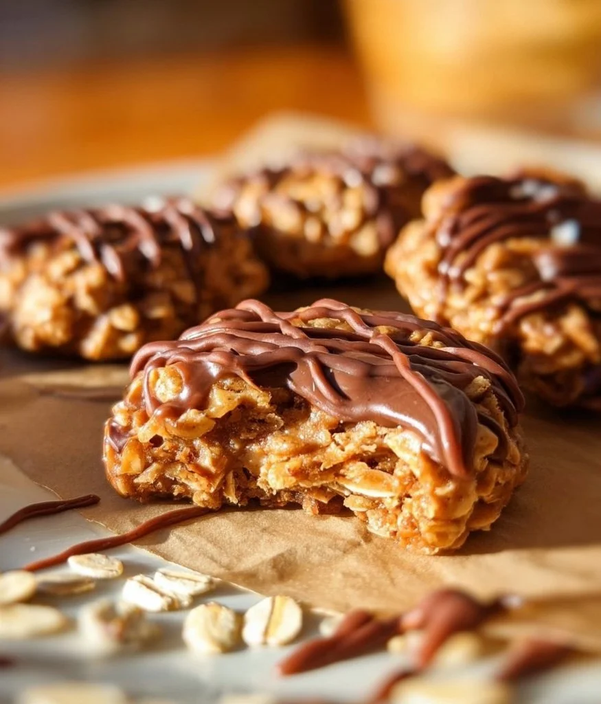 Freshly baked Peanut Butter Chocolate Caramel Cookies on a cooling rack.
