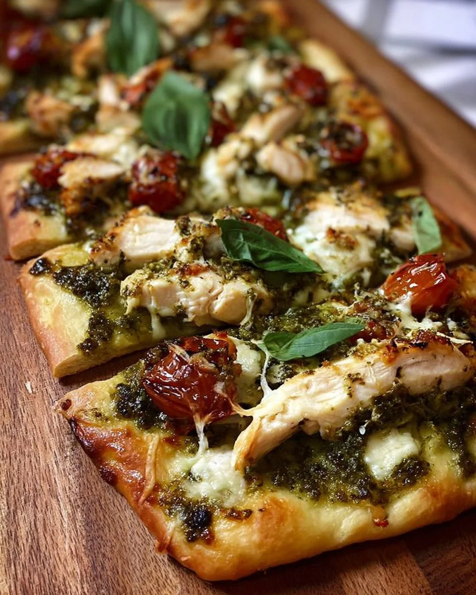 Pesto Chicken Flatbread topped with fresh ingredients and ready to serve