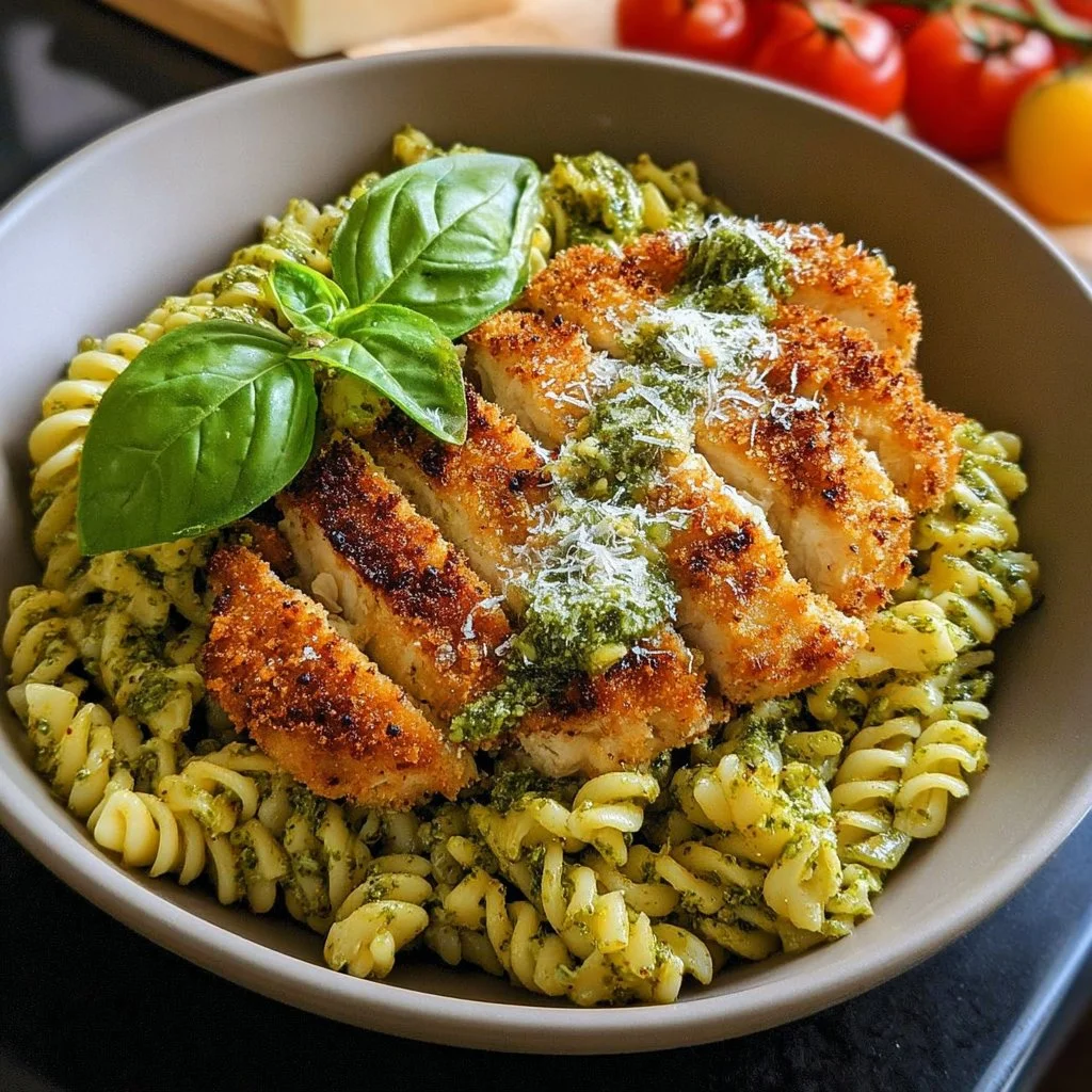 Pesto pasta with crispy Parmesan chicken served on a plate