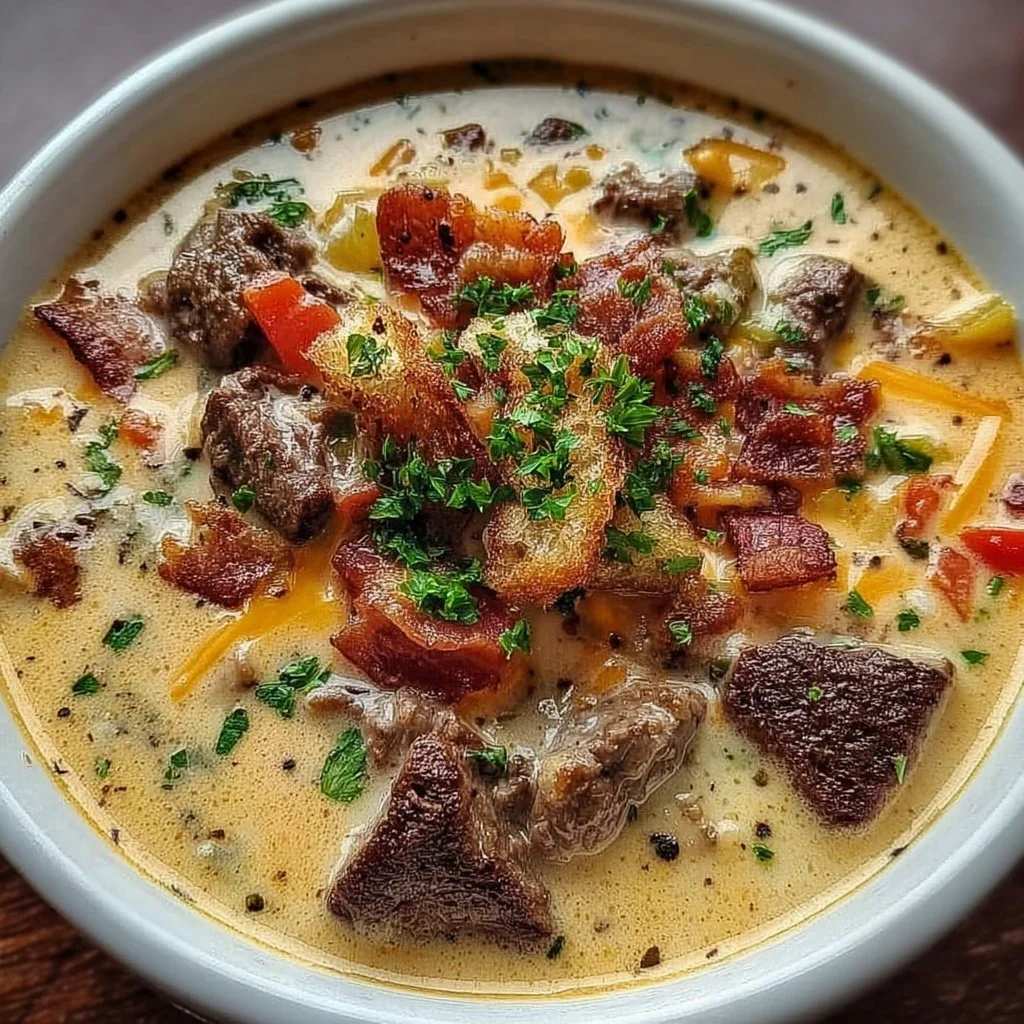 Bowl of creamy Philly Cheesesteak Soup topped with cheese and peppers