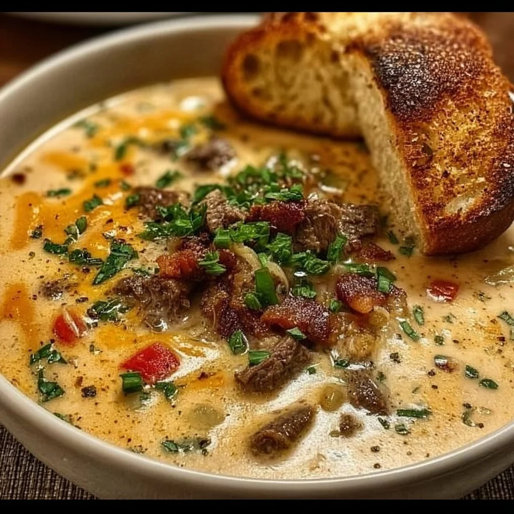 Delicious bowl of Philly Cheesesteak Soup garnished with cheese and peppers.