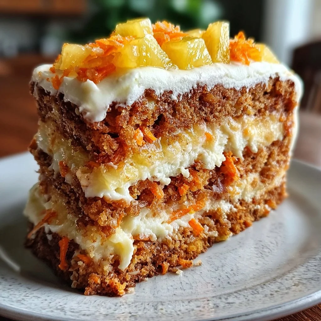 Slice of moist Pineapple Carrot Cream Cake topped with cream frosting and pineapple chunks.