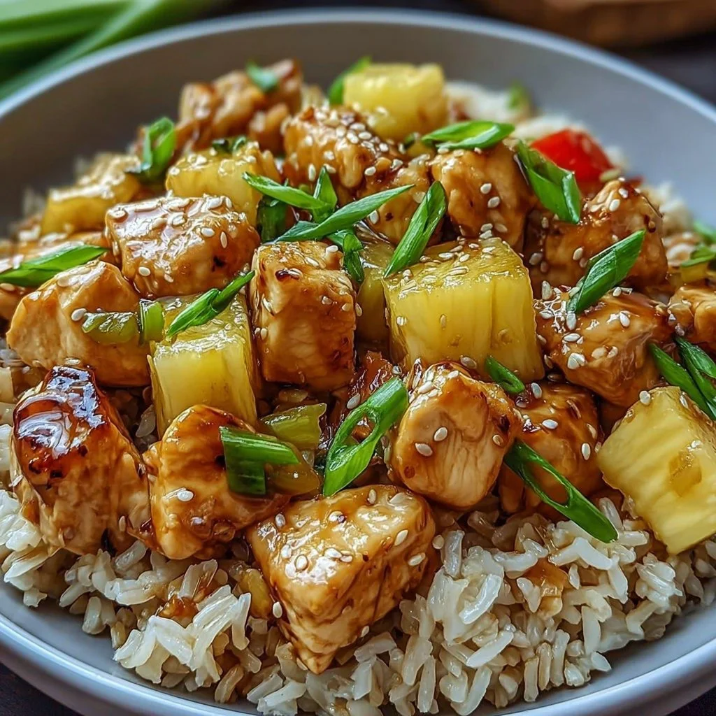 Delicious pineapple chicken served over fluffy rice garnished with herbs