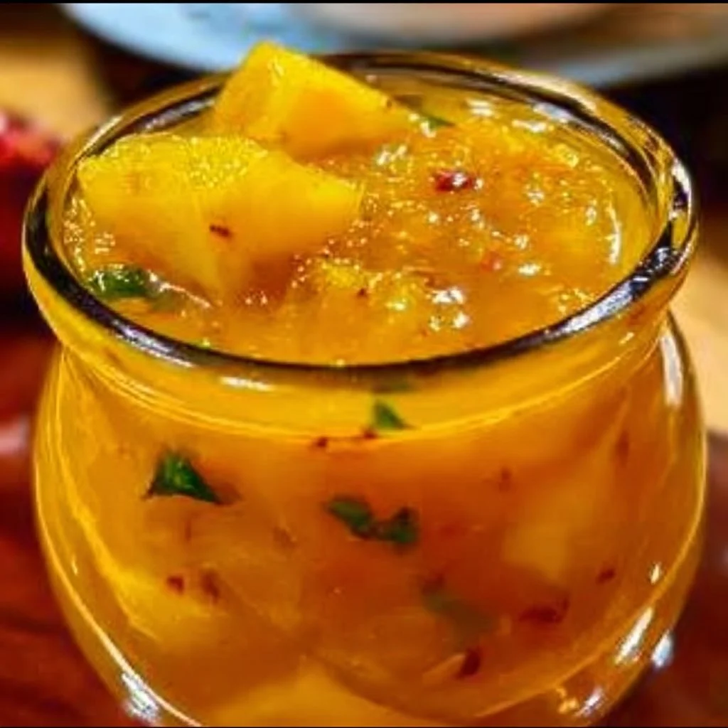 Pineapple Habanero Hot Sauce bottle on a wooden table